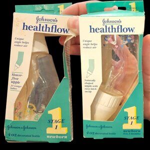 VTG 90s Johnsons Healthflow Baby Bottles‎ Angled 4 oz Newborn Set Of 2 Clear NEW